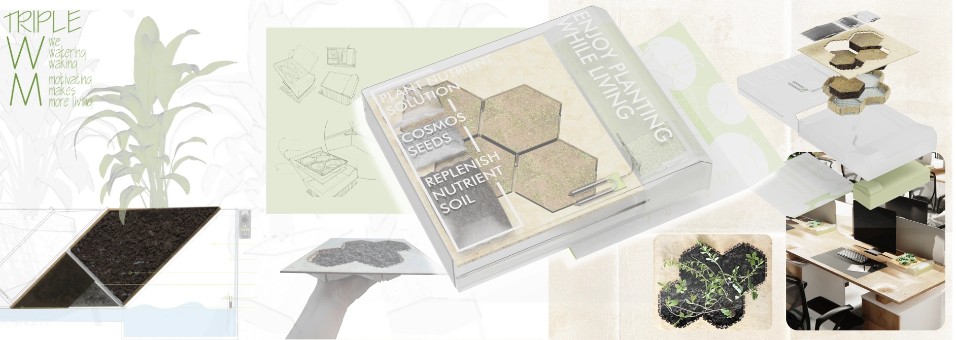Triple W M desktop vegetation kit board showing modular soil trays, planting materials, and office deployment.